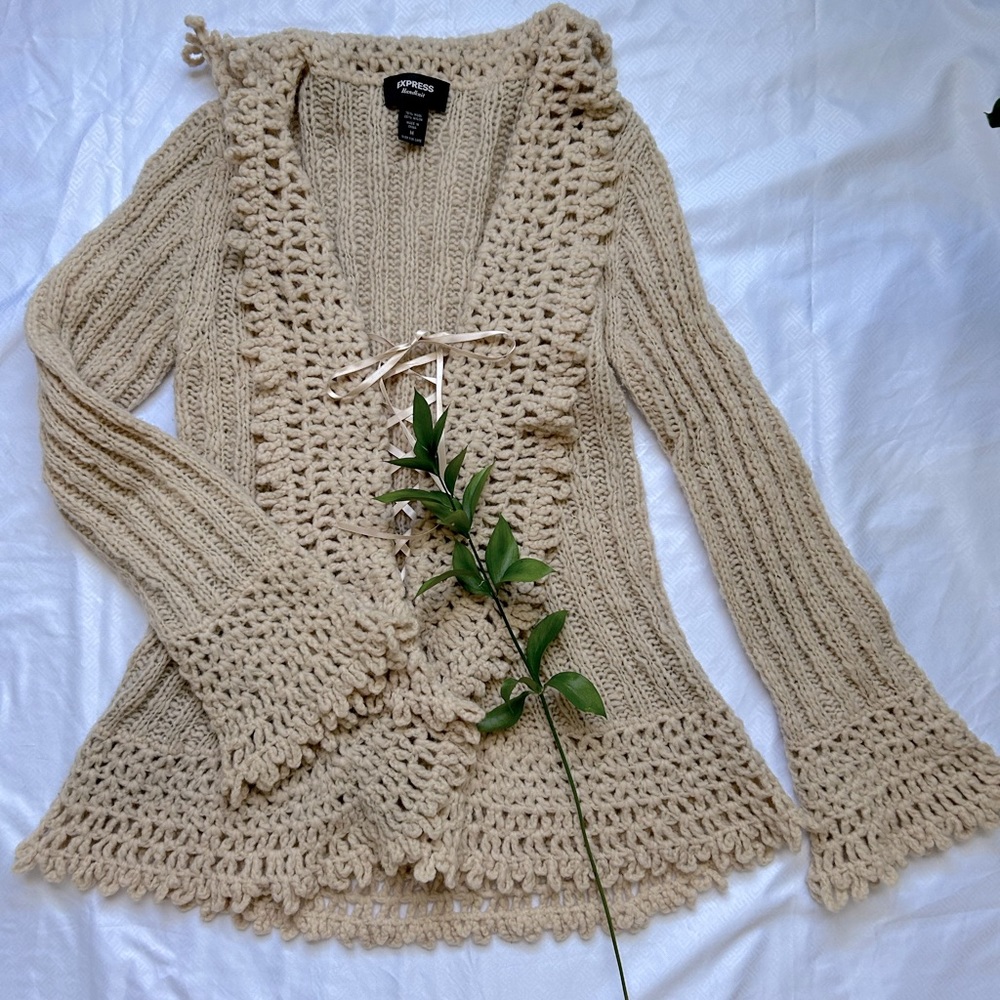 Vintage Y2K• Express long tan hand-knit asymmetrical Ruffled Cardigan with bow
